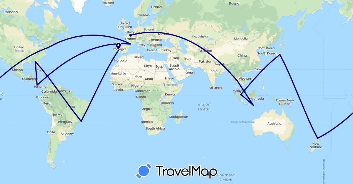 TravelMap itinerary: driving in Brazil, Costa Rica, France, Indonesia, Japan, New Zealand, Portugal, Singapore, Thailand, United States (Asia, Europe, North America, Oceania, South America)